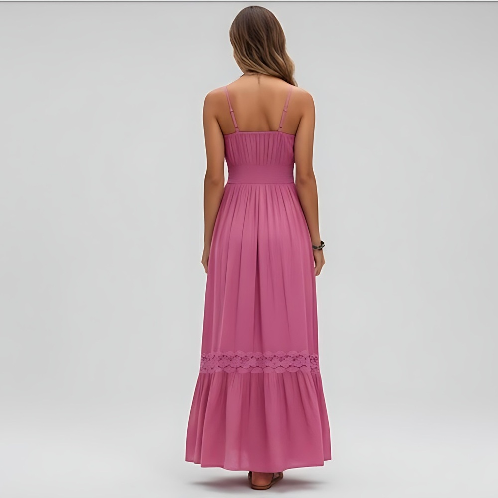 Boho Shirred Ruffle Lace Hem Maxi Dress Pink - Picture 3 of 9